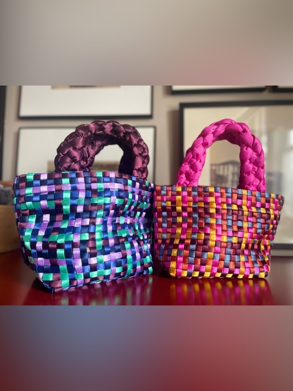 2 Handwoven Satin-Like Mini Tote Bags - Lavender/Blue/Green & Pink/Yellow/Orange - Picture 2 of 12
